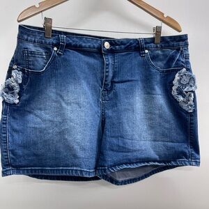 Blue Distressed Jean Shorts with floral embroidery